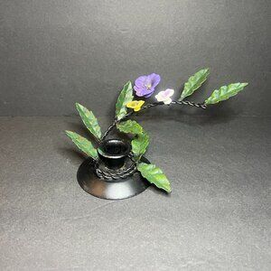 Vintage Liards Rare Metal Black & Colorful Floral Vine Candle Candlestick Holder